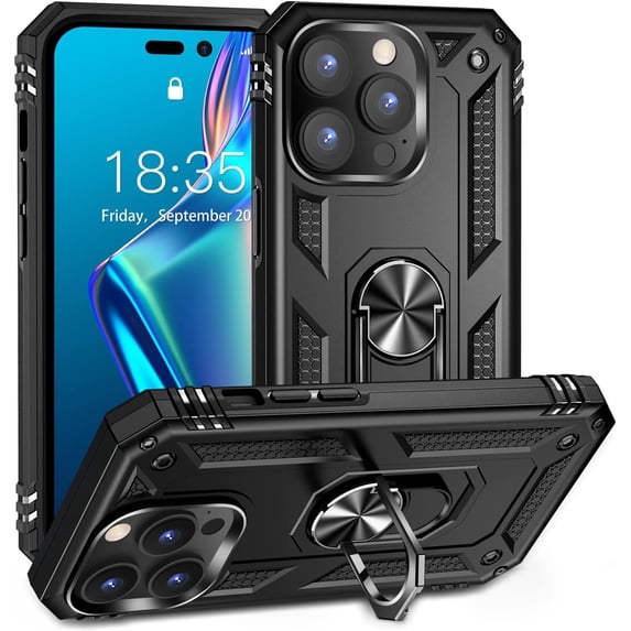 Entronix Protective Case Compatible with iPhone 15 Pro Max, Ring Holder Hard Cover, Black