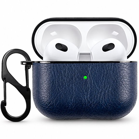 Entronix PU Leather Case for AirPods 5 / 4, Stylish Protective Cover with Carabiner, Navy Blue