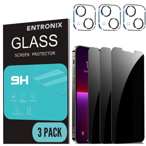 Entronix Privacy Screen Protector for iPhone 13, Anti-Spy Tempered Glass and Camera Lens Protector Film For iPhone 13, 6-Pack [Case Friendly]