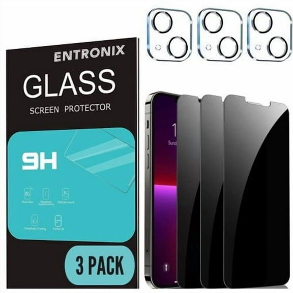 Entronix Privacy Tempered Glass Screen Protector for Apple iPhone 14, Camera Lens Protector with Anti-Spy Tempered Glass Film, 3-Pack