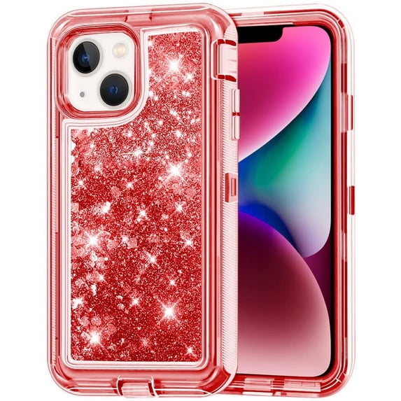 Entronix Heavy Duty Case Compatible with iPhone 14, Liquid Glitter Back Cover, Red