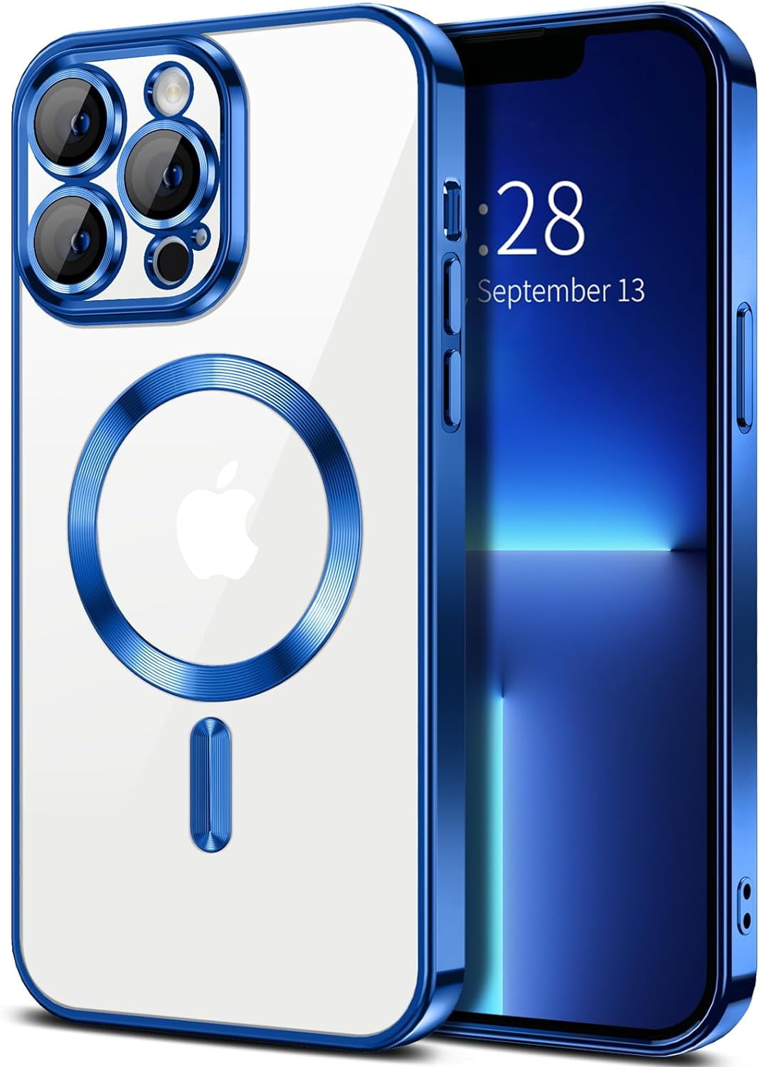 Entronix Transparent Phone Case for Apple iPhone 13 Pro Max Clear Magnetic Case, [Yellow Resistant] Slim Fit Shockproof Transparent Crystal Clear Magnetic Case for Apple iPhone 13 Pro Max, Blue