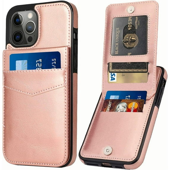 Entronix Wallet Case for Apple iPhone 16 Pro Leather Wallet Card Holder Case, Built In Kickstand with 6 Card Slots Holder for Apple iPhone 16 Pro, Rose Gold