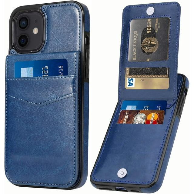 Entronix Wallet Case for Apple iPhone 12 Mini Leather Wallet Card Holder Case, Built In Kickstand with 6 Card Slots Holder for Apple iPhone 12 Mini, Navy