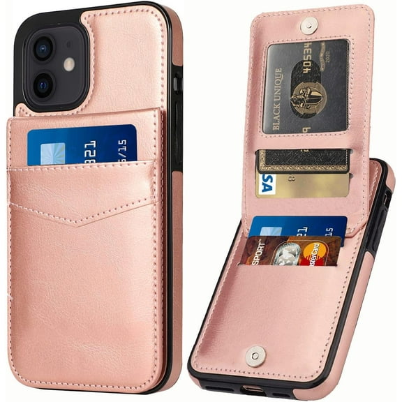 Entronix Wallet Case for Apple iPhone 12 and iPhone 12 Pro Leather Wallet Card Holder Case, Built In Kickstand with 6 Card Slots Holder for Apple iPhone 12 and iPhone 12 Pro, Pink