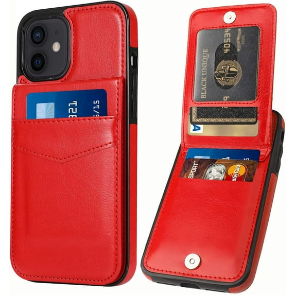 Entronix Wallet Case for Apple iPhone 12 and iPhone 12 Pro Leather Wallet Card Holder Case, Built In Kickstand with 6 Card Slots Holder for Apple iPhone 12 and iPhone 12 Pro, Red