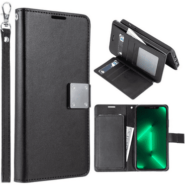 Entronix Wallet Case for Apple iPhone 12 Pro Max Leather Wallet Case, Built In Kickstand with Lanyard, 6 Card Slots Holder Folio Flip Phone Case for Apple iPhone 12 Pro Max, Black