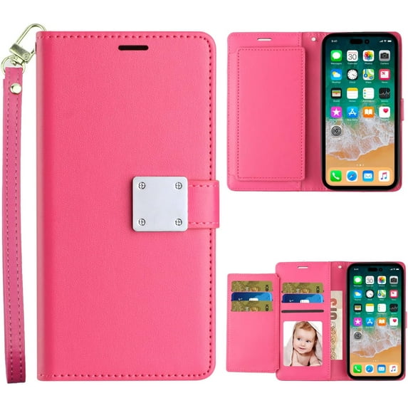 Entronix Wallet Case for Apple iPhone 14 Plus Leather Wallet Case, Built In Kickstand with Lanyard, 6 Card Slots Holder Folio Flip Phone Case for Apple iPhone 14 Plus, Hot Pink
