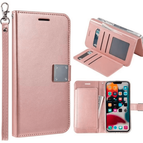 Entronix Wallet Case for Apple iPhone 14 Plus Leather Wallet Case, Built In Kickstand with Lanyard, 6 Card Slots Holder Folio Flip Phone Case for Apple iPhone 14 Plus, Rose