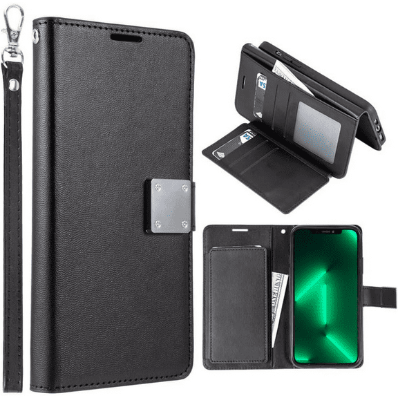 Entronix Wallet Case for Apple iPhone 15 Plus Leather Wallet Case, Built In Kickstand with Lanyard, 6 Card Slots Holder Folio Flip Phone Case for Apple iPhone 15 Plus, Black
