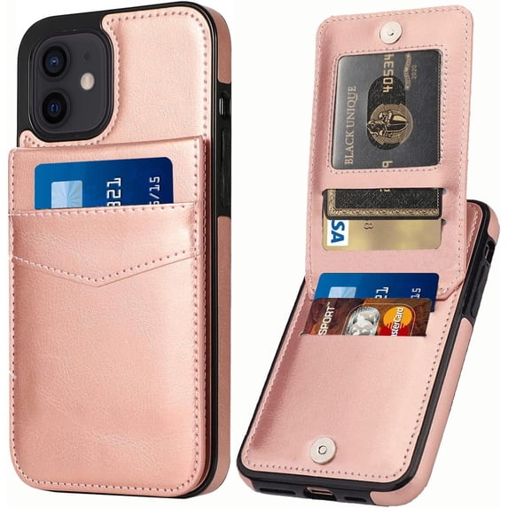 Entronix Wallet Case Compatible with iPhone 12, Card Holder Flip Cover, Rose Pink