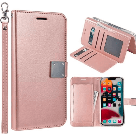 Entronix Wallet Case Compatible with iPhone 13, Book Style with Lanyard, Rose