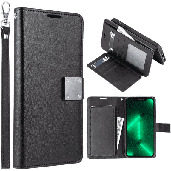Entronix Wallet Case Compatible with iPhone 14, Book Style with Lanyard, Black