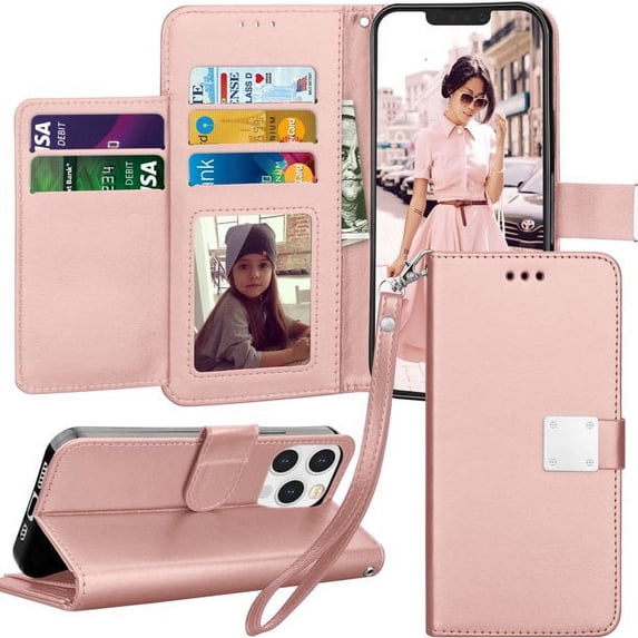 Entronix Wallet Case Compatible with iPhone 14 Pro, Foldable Book Style with Lanyard, Rose Gold