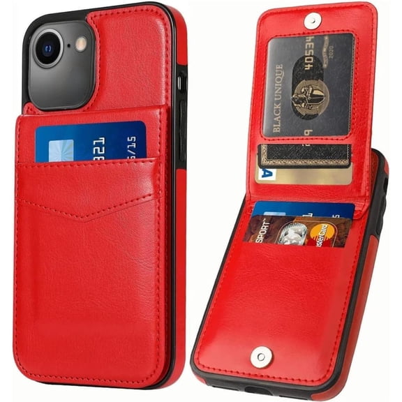 Entronix Slim Wallet Case for iPhone 16E, 6 Slot Card Holder Kickstand Flip Cover, Red