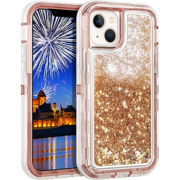 Entronix iPhone 13 Heavy Duty Glitter Case for Girls Women Liquid Bling Sparkle Shining Glitter Luxury Shockproof Quicksand Soft TPU Cover for iPhone 13 6.1" Rose Gold