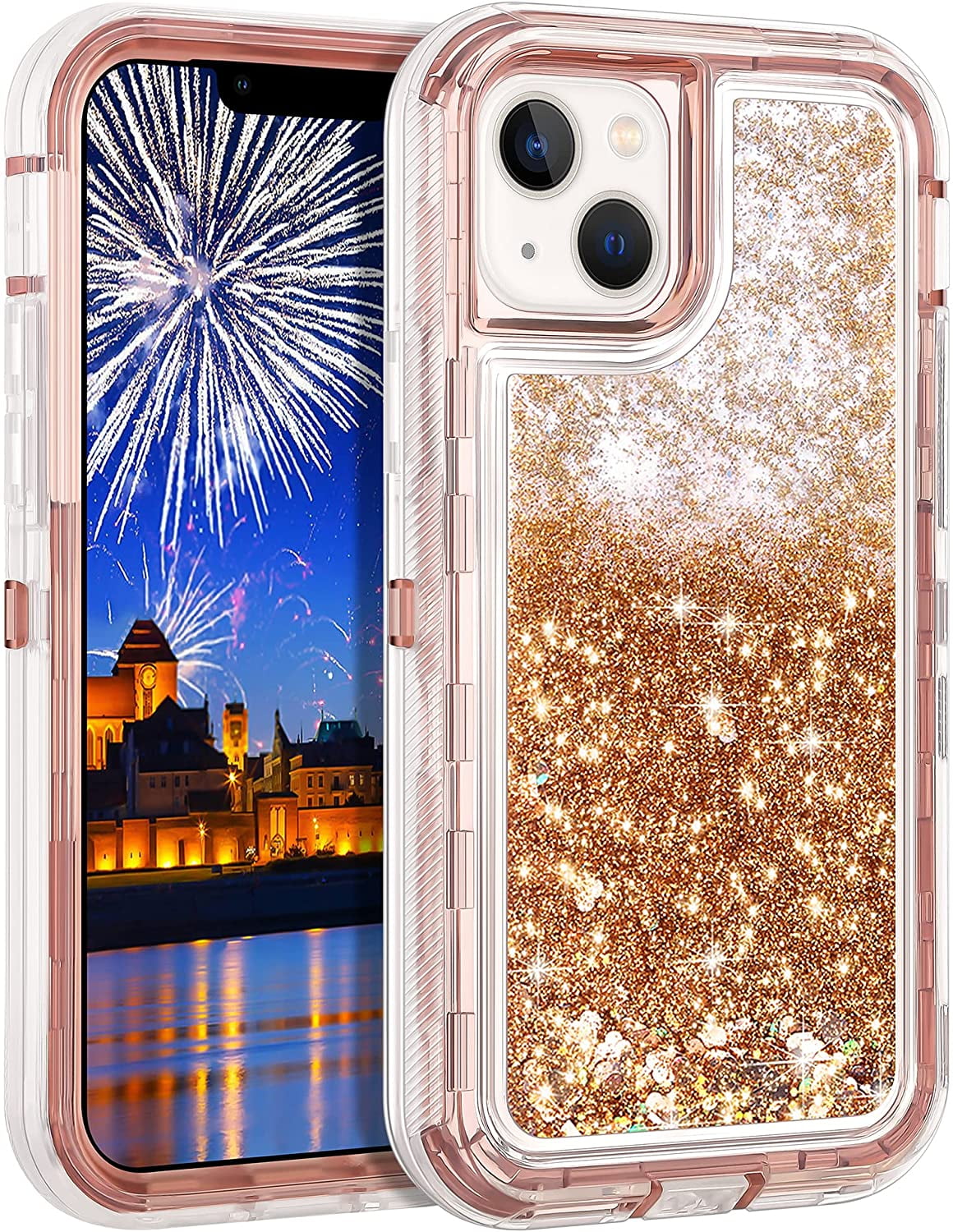 Entronix iPhone 13 Heavy Duty Glitter Case for Girls Women Liquid Bling Sparkle Shining Glitter Luxury Shockproof Quicksand Soft TPU Cover for iPhone 13 6.1" Rose Gold