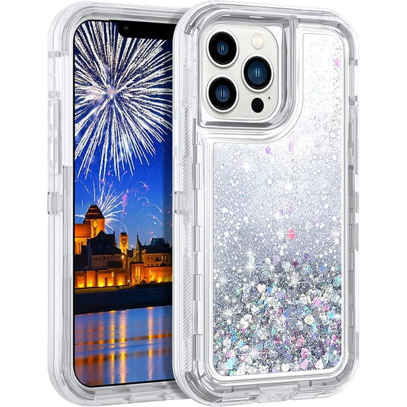Entronix iPhone 13 Pro Max Heavy Duty Glitter Case for Girls Women Liquid Bling Sparkle Shining Glitter Luxury Shockproof Quicksand Soft TPU Cover for iPhone 13 Pro Max 6.7" Silver
