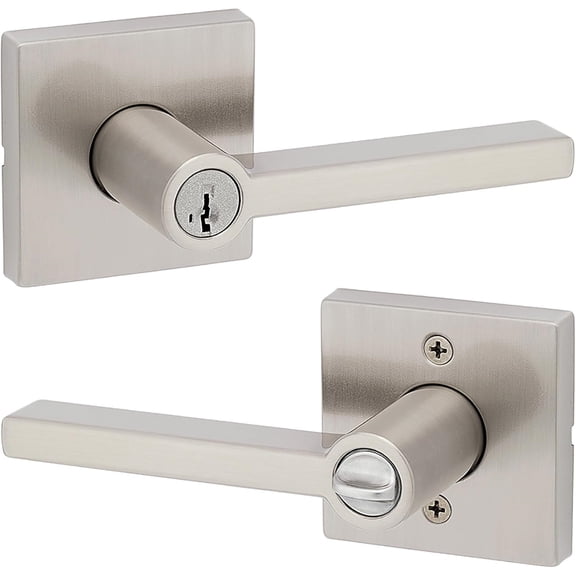 Entry Door Handle with Lock and Key, Secure Keyed Reversible Lever Exterior, For Front Entrance and Bedrooms, Satin Nickel, Pick Resistant Smartkey Rekey Security