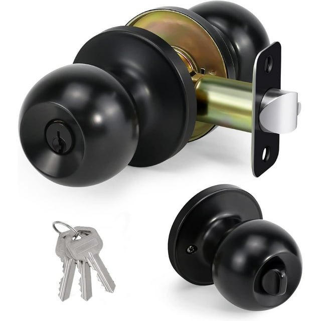 Entry Door Knob, Matte Black Ball Door Knob with Keyed Lock for Home