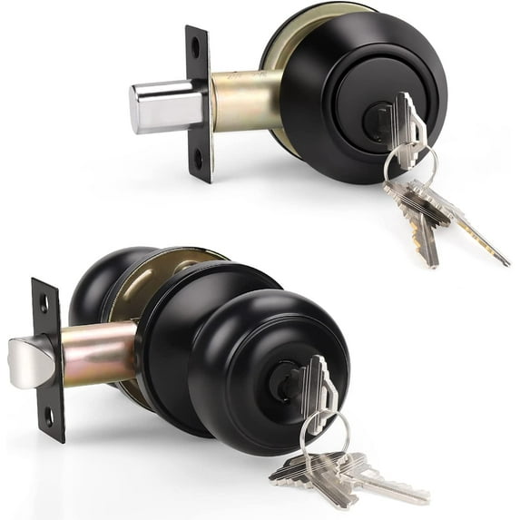 Entry Door Knob and Single Cylinder Deadbolt Lock Set, Exterior Door Lock Set, Exterior Door Knob with Key Lock and Deadbolt for Entrance and Front Door, Matte Black