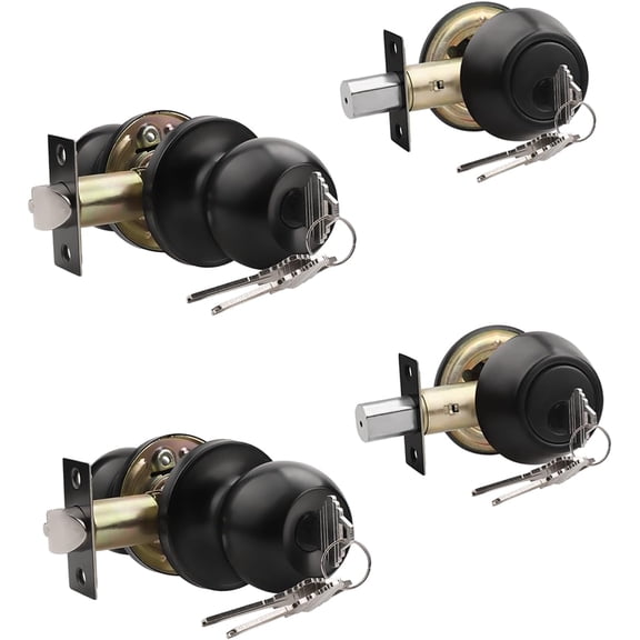 Entry Door Knobs and Double Cylinder Deadbolt, Keyed Alike Door Handle Set with Same Keys, Combo Pack for Front Doors-Keyed on Both Side, Matte Black Finish, Contractor Pack of 2 Set