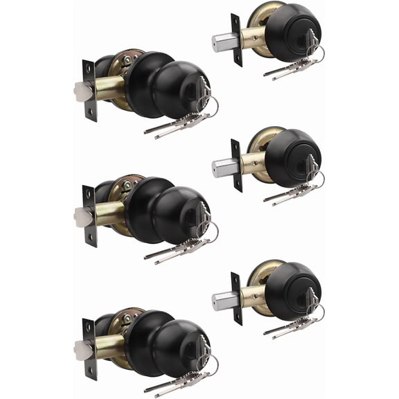 Entry Door Knobs and Double Cylinder Deadbolt, Keyed Alike Door Handle Set with Same Keys, Combo Pack for Front Doors-Keyed on Both Side, Matte Black Finish, Contractor Pack of 3 Set