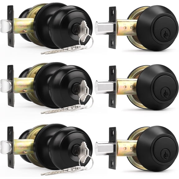 Entry Door Knobs Lock Set and Single Cylinder Deadbolt Combination Set, Entry Door Locksets with Deadbolt Same Key， Flat Black (3 Pack), Keyed Alike