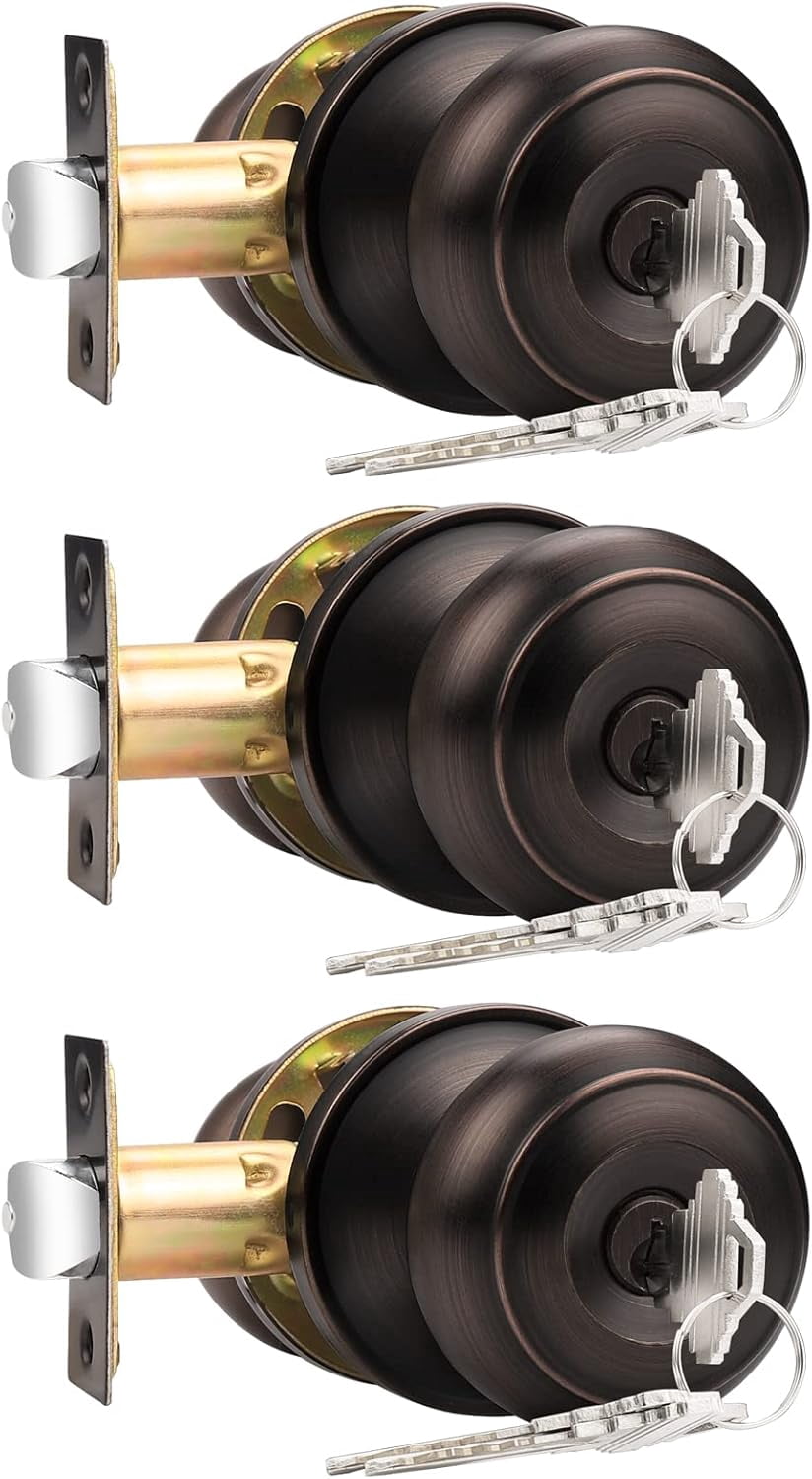 Entry Door Locks Keyed Alike Entrance Round Door Knobs Interior Door Locksets, Exterior Doorknob with Lock, Oil Rubbed Bronze, 3 Pack