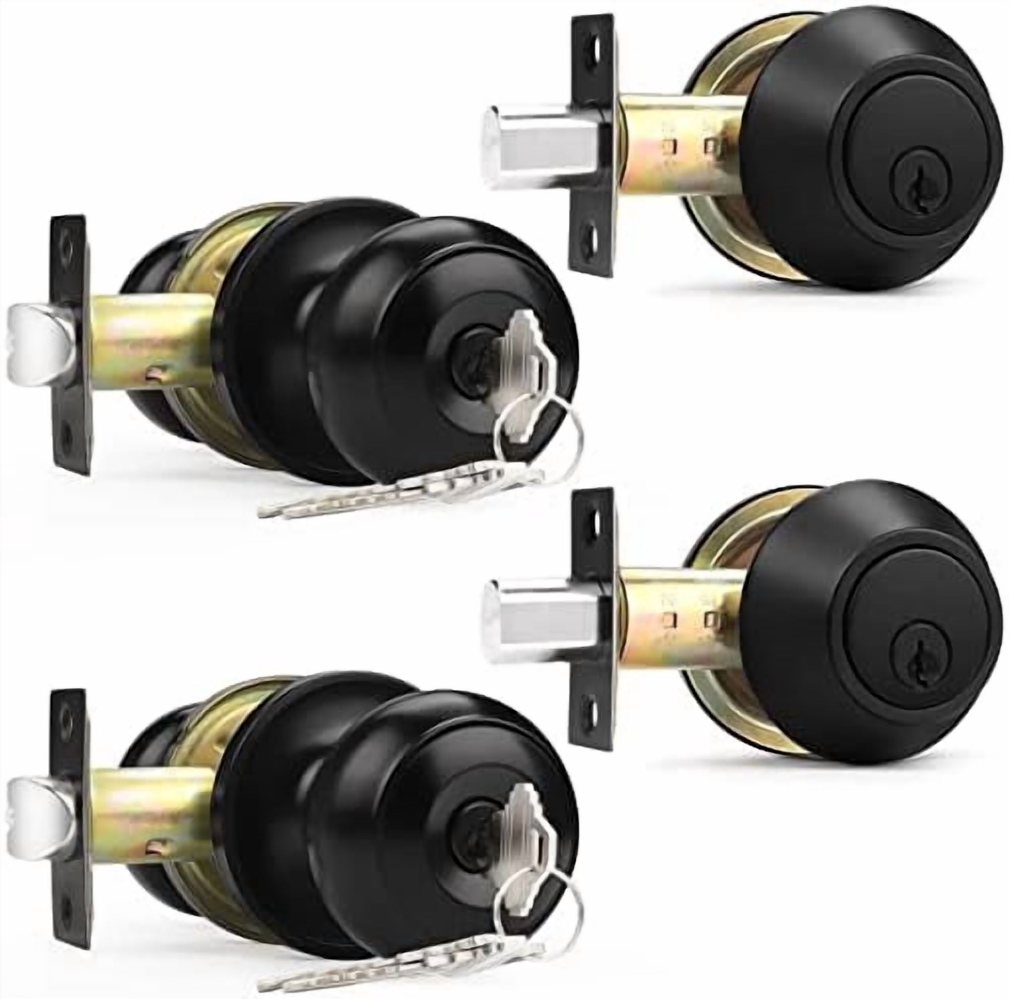 Entry Knobs Front Door Handles Exterior Lockset and Single Cylinder Deadbolt Combination Set, Flat Black (2 Pack) Keyed Alike