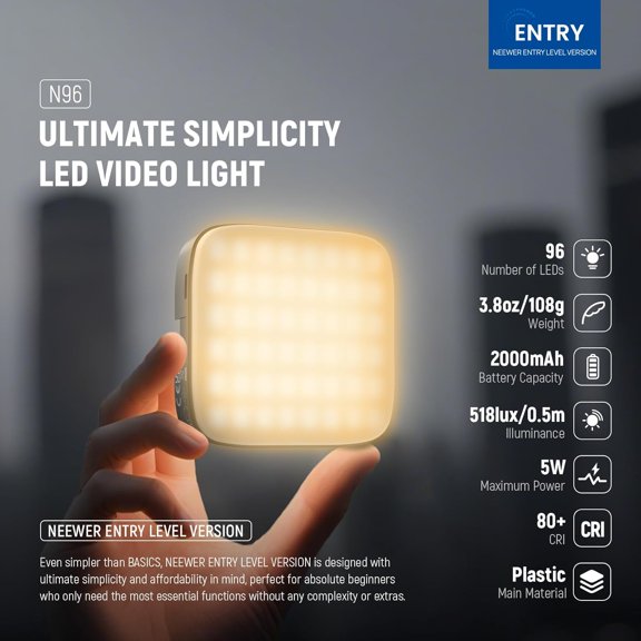 Entry Level Version Magnetic LED Camera Light, 96 LEDs Bi Color Small Clip On Panel Light, 2000mAh 3000K-9000K CRI80+, 3 Cold Shoes 1/4" Thread for Tripod, Video Recording Selfie Lighting, N96