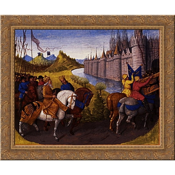 Entry of Louis VII (c.1120-80) King of France and Conrad III (1093-1152) King of Germany into Constantinople during the Crusades, 1147-49 24x20 Gold Ornate Wood Framed Canvas Art by Jean Fouquet