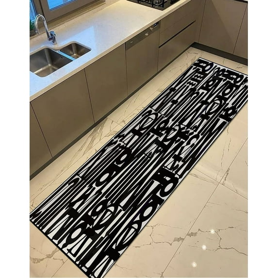 Entry Rug, Round Rug, Door Mat, Non Slip Rug, Retna Songs of Illumination Scripts Rug, Retna Rug, Graffiti Rug, Pet Friendly Rug, Black Rug, 2.6'x9.2' - 80x280 cm