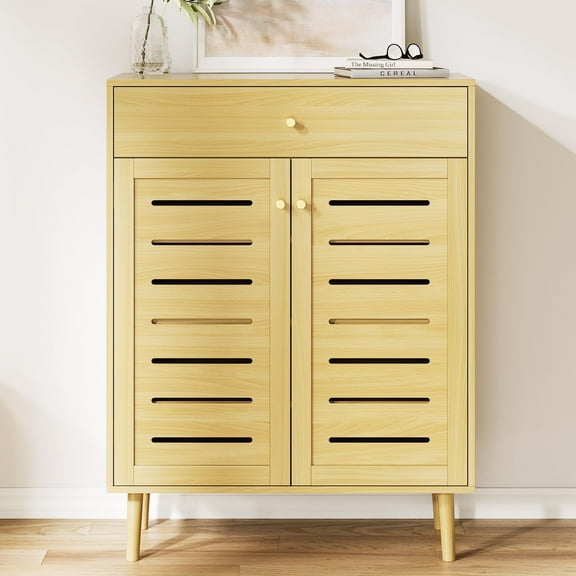 Entryway 2-Door Shoe Cabinet with Drawer, Extra Deep Storage & Adjustable Shelf Japandi-Style Light Oak Wooden Shoe Storage for 1216 Pairs, Modern Organizer, 32-Inch