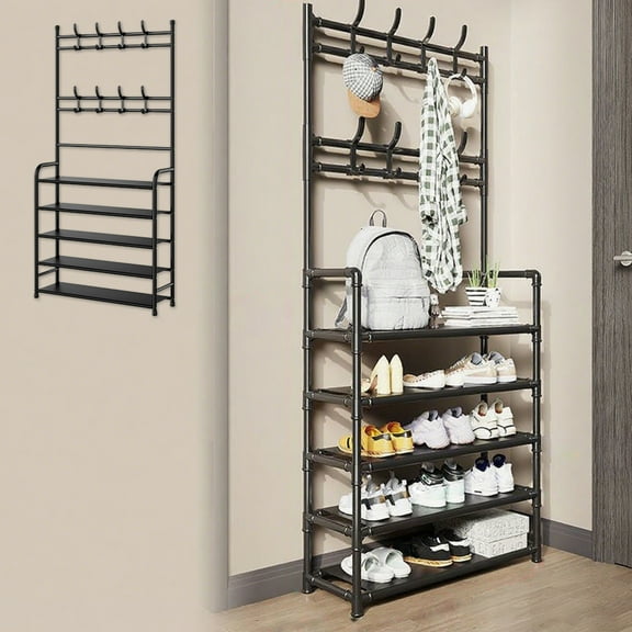 Entryway 5-Layer Shoe Rack with Coat Rack, Multi-Functional Organizer for Bedroom, Dormitory & Home Entry (Black, 60cm)