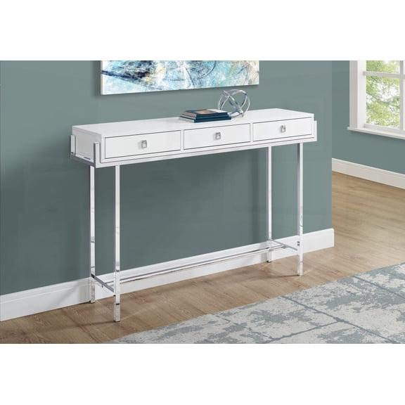 Entryway Accent Table, Modern Design, Glossy White Laminate, Chrome Metal Base & Storage Drawer