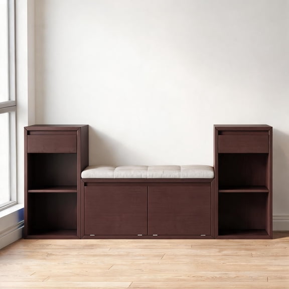 Entryway All-in-One Storage Bench, Classic Brown Pine Wood Multi-Zone Seating Unit for Hallway Mudroom Living Room
