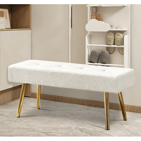 Entryway Bench, 40'' Upholstered Bedroom Benches, End of Bed Bench with Metal Legs, for Decorative, Living Room, Dining Room, White Bench, Teddy Velvet