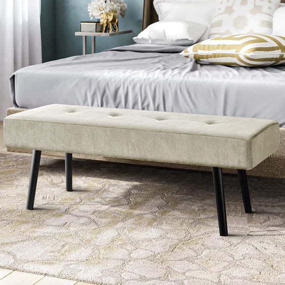 Entryway Bench - Beige Bench for Bedroom, Modern Ottoman End of Bed, Corduroy Padded Benches for Living Room, Foyer, Mudroom, Hallway - 39" L x 14" W x 17" H