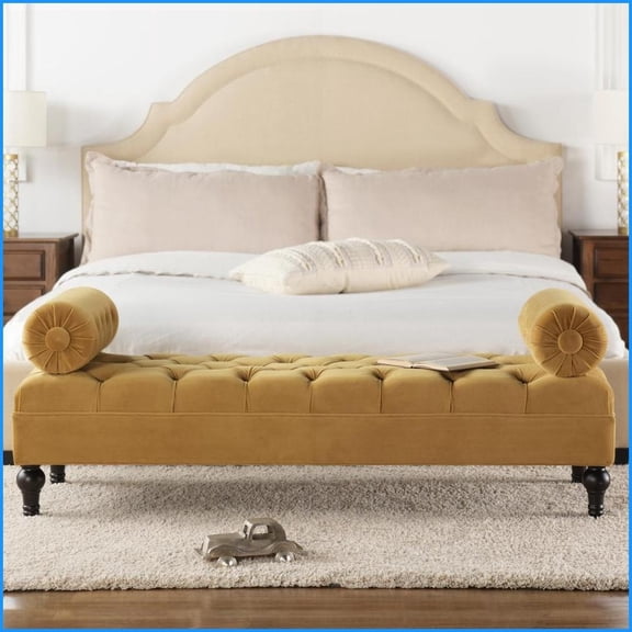 Entryway Bench, Classic Vintage Bolster Arm | Kiln-Dried Hardwood | 15 Low Seat | Gold Velvet | Velvet | Yellow