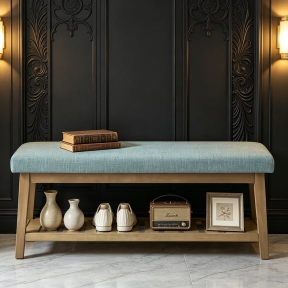 Entryway Bench with Cushion, Upholstered Shoe Rack Bench with Solid Wood Shelf, 44" End of Bed Bench for Bedroom, Chenille Fabric Storage Bench for Entryway, Hallway, Living Room, Teal