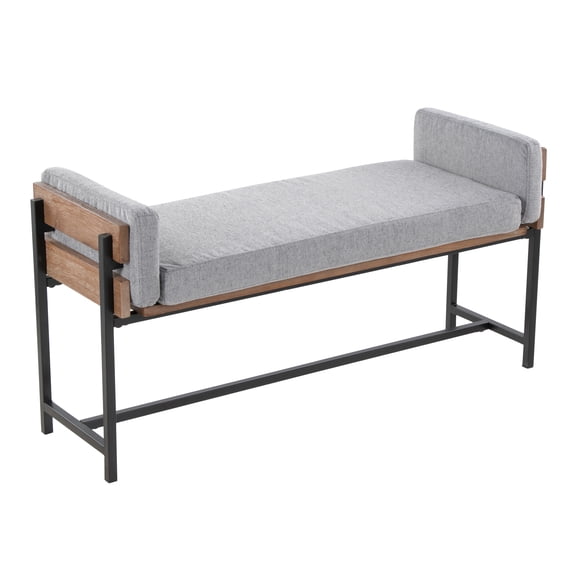 Entryway Bench with Light Grey Fabric Padded Seat, Brown Wood Panel and Black Metal Frame, 18 Inch Height, 500 lbs Weight Capacity, Farmhouse Style Bench for Living Room or Dining Room
