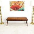 Entryway Bench, Mid Century Modern Tan Leather Bench with Solid Wood