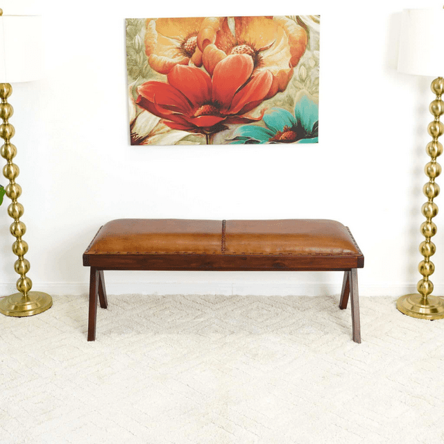Entryway Bench, Mid Century Modern Tan Leather Bench with Solid Wood