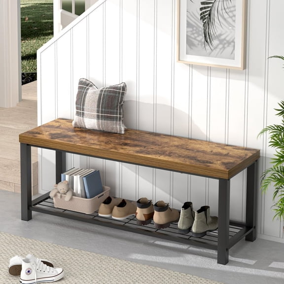Entryway Bench, Modern Wood and Metal Storage Bench for Hallway Front Door Entrance, Industrial Indoor Shoe Rack Bench Seat for Living Room Bedroom, 43.3 Inch Rustic Brown