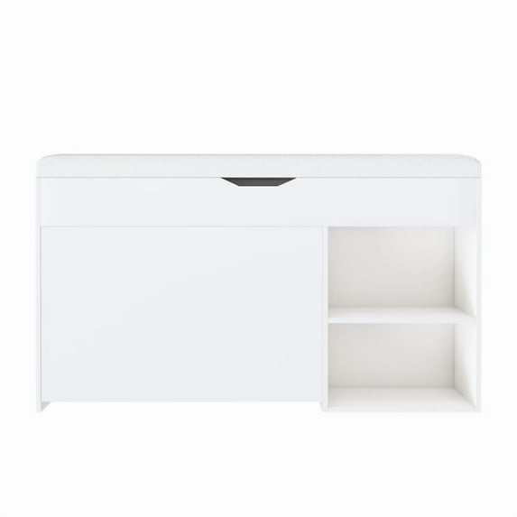 Entryway Bench with Shoe Storage,Adjustable 3-Tier Flip-Up Drawers & Hidden Cabinet,Space-Saving Shoe Organizer,Triple Storage and Modern Design,for Hallway and Living Room,White RR