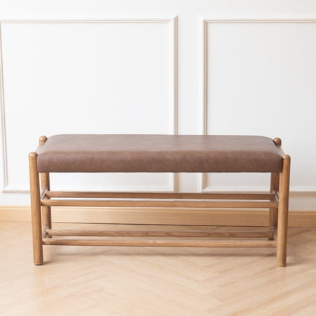 CREATISAN Upholstered Bench 3-Tier Shoe Rack Bench with Open Shelving, Brown, 330 lb Limit