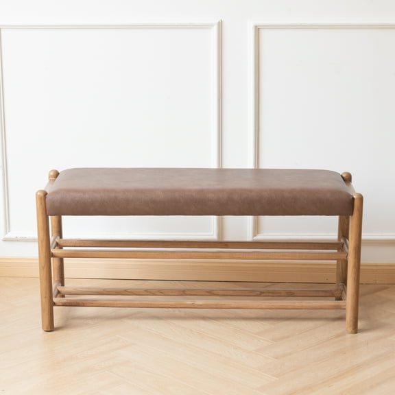 Entryway Bench, Solid Oak Wood Shoe Rack Bench, 3-Tier Shoe Bench with Pu Leather, Mid Century Shoe Storage Bench for Hallway, Bedroom, 39.4" Brown