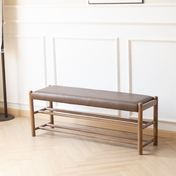 Entryway Bench, Solid Oak Wood Shoe Rack Bench, 3-Tier Shoe Bench with Pu Leather, Mid Century Shoe Storage Bench for Hallway, Bedroom, 46" Brown