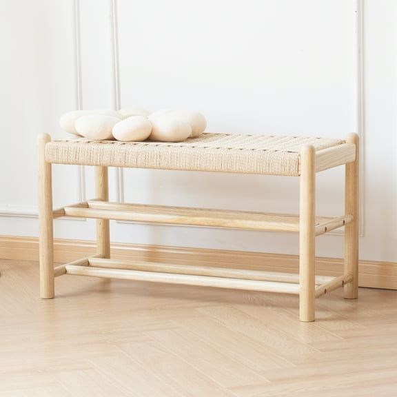 Entryway Bench, Solid Oak Wood Shoe Rack Bench, 3-Tier Shoe Bench with Woven Seat, Mid Century Shoe Storage Bench for Hallway, Bedroom, 31.5" Nature